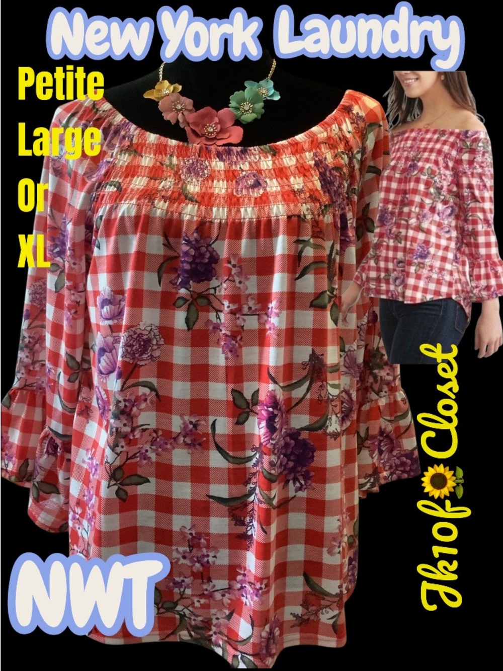 LOWEST🌺 NWT New York Laundry L or XL PETITE WESTERN STYLE RED GINGHAM w/FLORALS